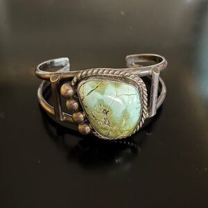 Vintage Navajo Sterling Silver Cuff Bracelet w/ Large Royston Turquoise